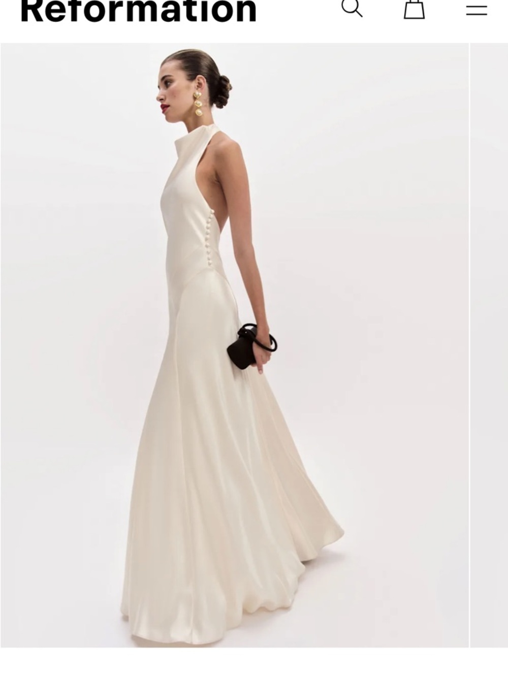 Reformation Roy Ivory High-Neck Satin Evening Gown out
